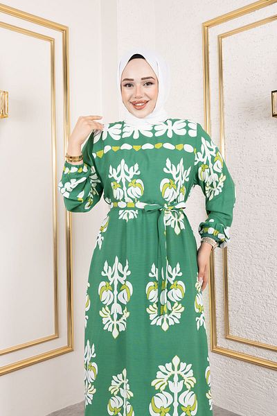 Tesettür Dünyası Φόρεμα με σχήμα Ethnic Pattern Viscose TSD250193 Πράσινο