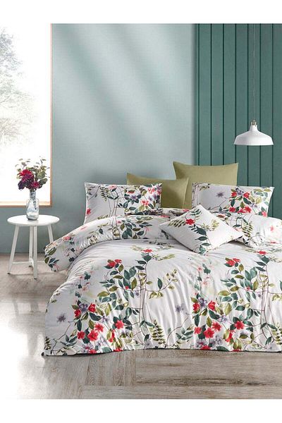 DemoHome Ranforce GARDEN OF LIFE double king cotton bedding set white - fitted sheet, bed, 2 pillowcases