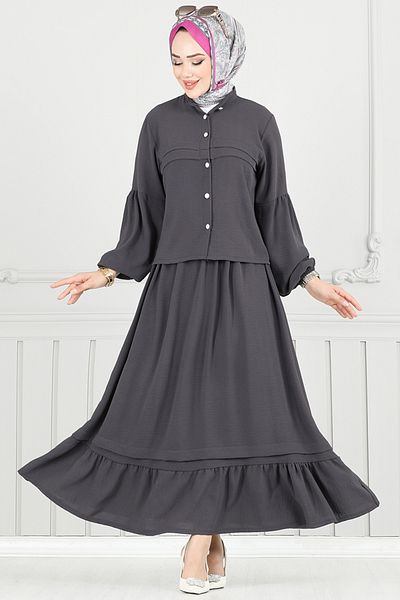 ModaMerve Front Buttoned Skirt Suit 3094Hbs932-M Anthracite
