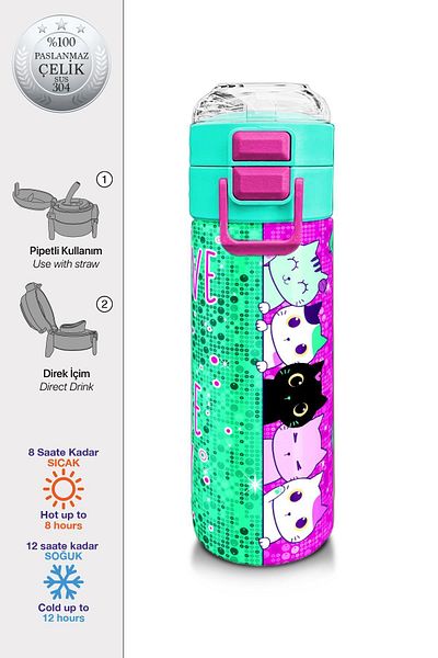 Coral High Kids Girl Patterned Straw and Direct Drinking Steel Thermos 500 ml