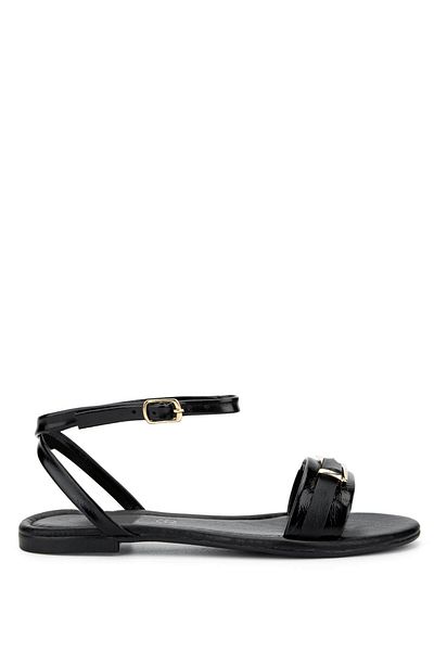 Tamer Tanca Women's Genuine Leather Black Patent Leather Flat Sandals