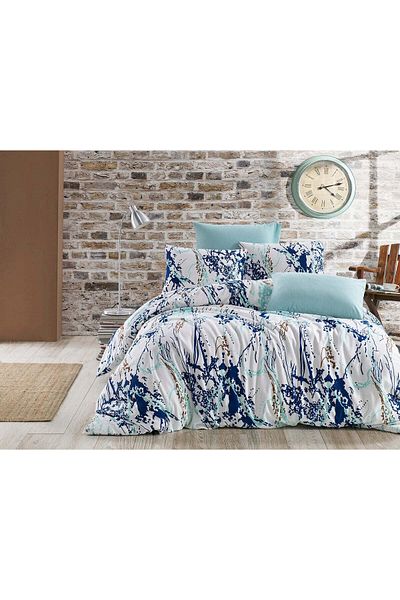 DemoHome Double king size bed linen set ranforce cotton OCEAN ABSTRACT white - fitted sheet, bed, 2 pillowcases
