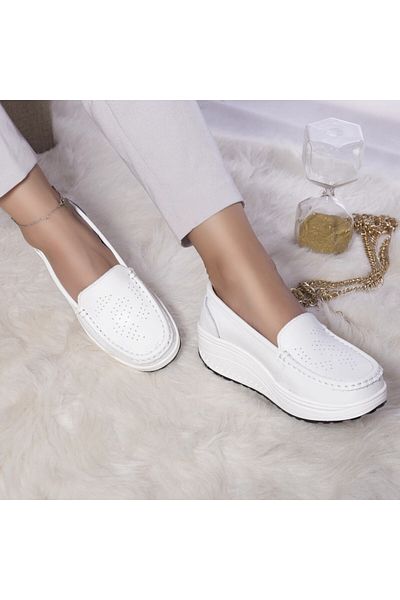 MODA STİL Women's white platform shoes, natural leather, nancy, 36