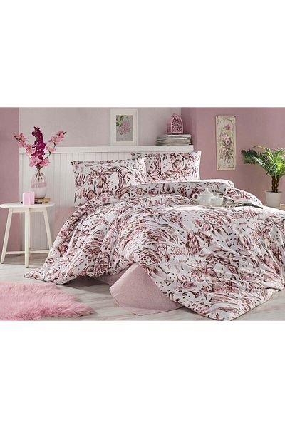 DemoHome Double bed linen set made of satin cotton with pattern - fitted sheet, flat sheet, 2 pillowcases
