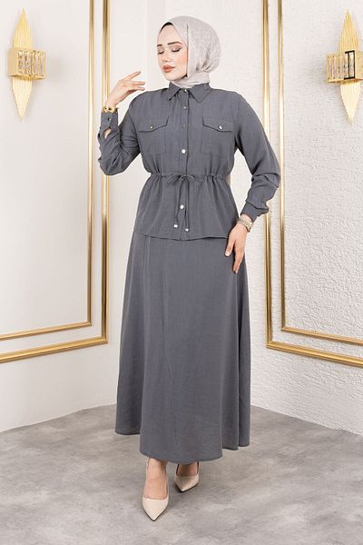 Tesettür Dünyası Elastic Waist Skirt Suit Tsd250192 Smoked