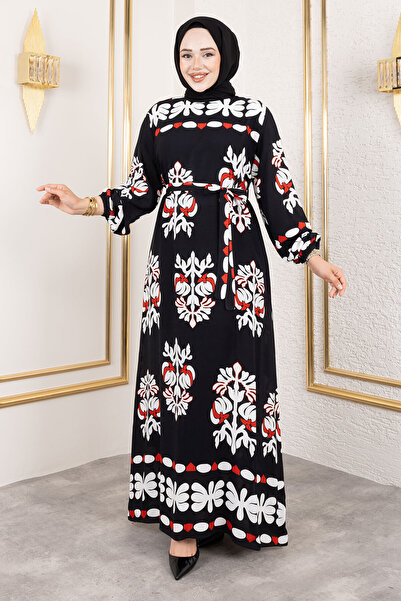 Tesettür Dünyası Φόρεμα μακρύ μεσογειακό φόρεμα με έθνικ σχέδια από βισκόζη TSD250193 Μαύρο