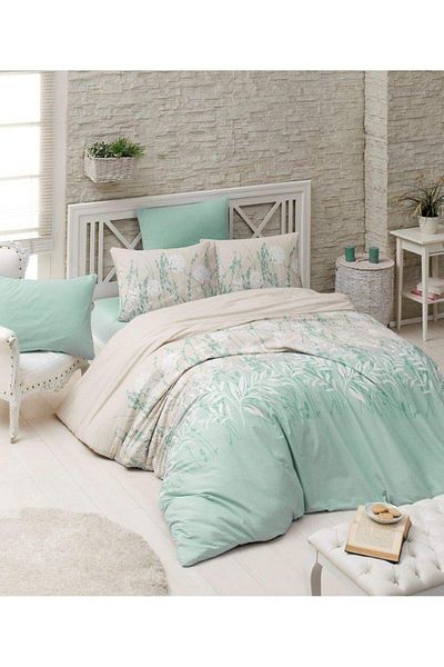 DemoHome Ranforce cotton double bed linen set PLANTA VIETII MINT green - fitted sheet, bed, 2 pillowcases