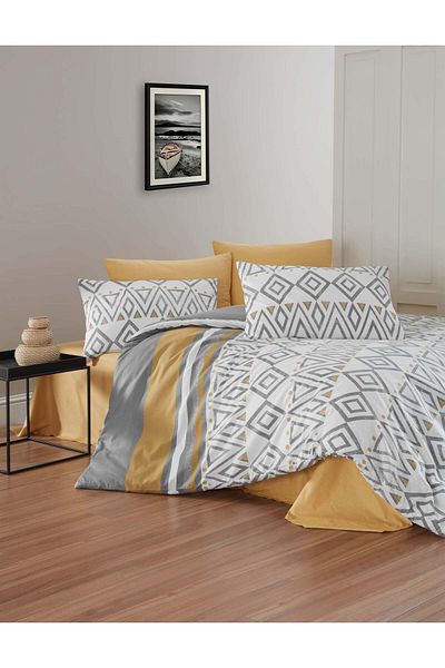 DemoHome Ranforce cotton double king size bedding set MODERN SYMMETRY white - fitted sheet, bed, 2 pillowcases