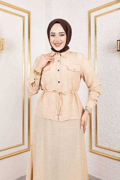 Tesettür Dünyası Elastic Waist Skirt Suit Tsd250192 Beige