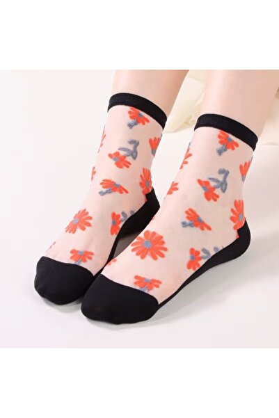 delis Sosete de dama, SS0205, model flori, Alb/Negru, marime universala