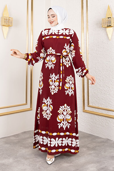 Tesettür Dünyası Şekilli Etnik Desenli Viskon Uzun Tesettür Elbise TSD250193 Bordo