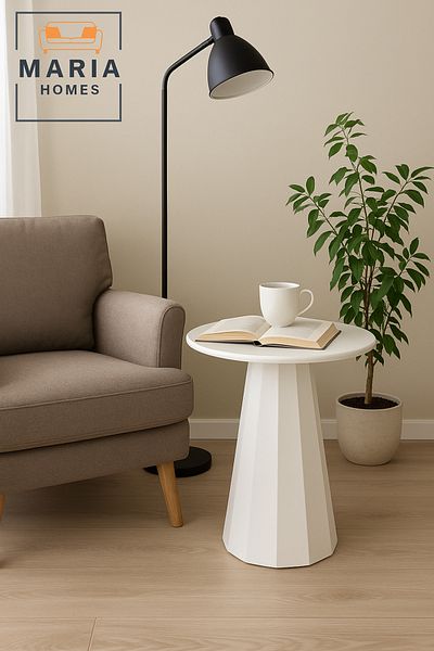 MARIA HOMES Modern White Adjustable Metal Side Table | 60x75 Minimalist Round Design