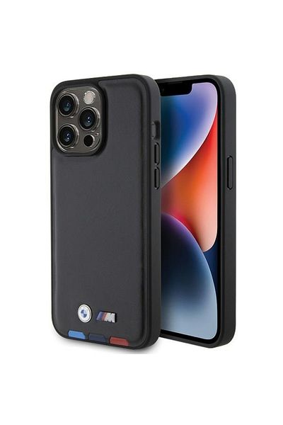 BMW IPhone 15 Pro Max Case - BMW Leather Stamp Tricolor (BMHCP15X22PTDK) - Black