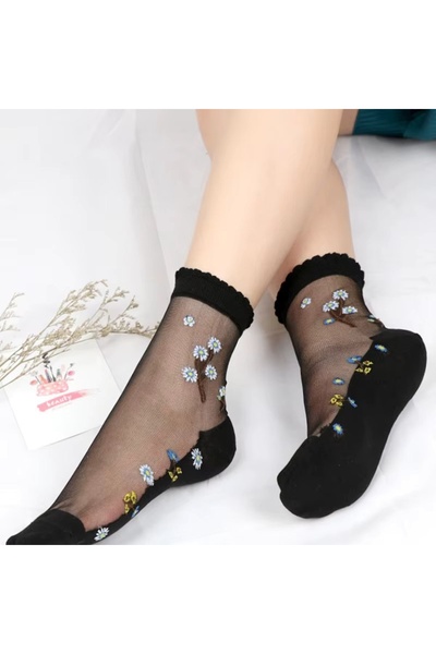 delis Sosete pentru dama, SS0143, model flori, Negru, marime universala