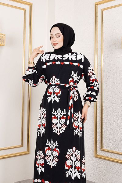 Tesettür Dünyası Φόρεμα με σχήμα Ethnic Pattern Viscose TSD250193 Μαύρο