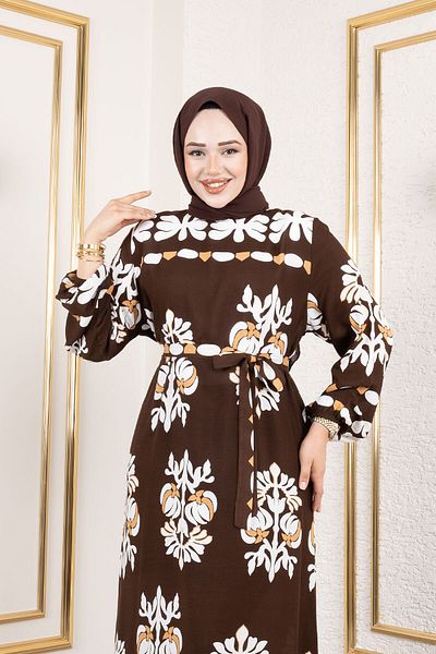 Tesettür Dünyası Φόρεμα με σχήμα Ethnic Pattern Viscose TSD250193 Καφέ
