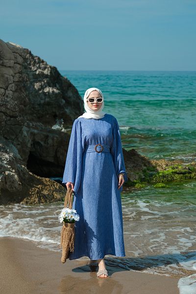 LOCCO Rochie de damă cu mânecă liliac cu șireturi în talie albastră
