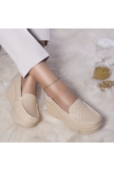 MODA STİL Dominican platform shoes, beige genuine leather, 40