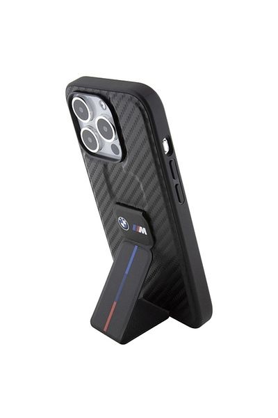 BMW Husă pentru iPhone 15 Pro - BMW Leather Grip Stand Smooth & Carbon (BMHCP15LGSPCCK) - Negru