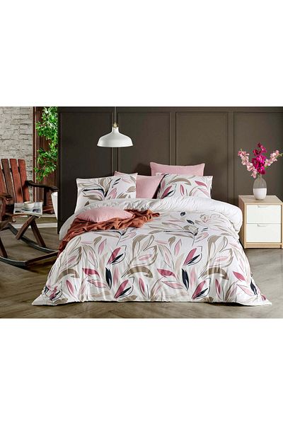 DemoHome Ranforce cotton double king size bed linen set MODERN TULIPS pink - fitted sheet, bed, 2 pillowcases