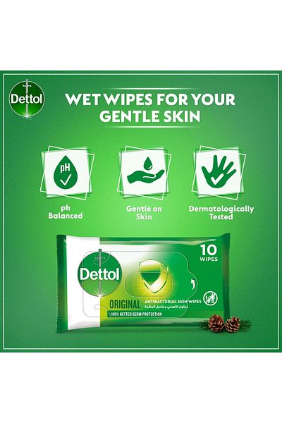 Dettol Original Antibacterial Skin Wipes 10pcs Kills 99.9% Germs, Quick-dry Formula, Safe & Gentle