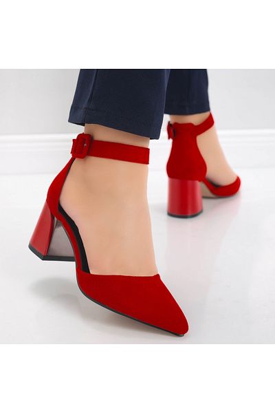 MODA STİL Women's Red Heeled Shoes Made of Ananda Eco-Suede Leather, 36