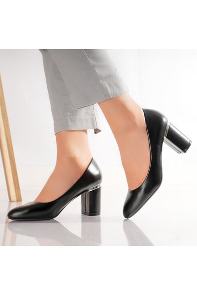 MODA STİL Women's Black Mulica Leather Heeled Shoes, 37