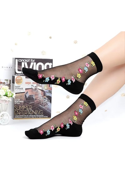 delis Дамски чорапи, SS0163, флорален модел, Черни, универсален размер