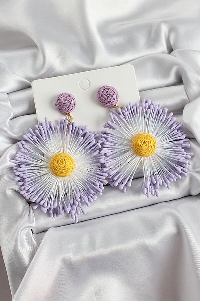 STİLLOVE Purple Tasseled Daisy Figured Straw Knitted Model Gold Color Women's Earrings Sl12265