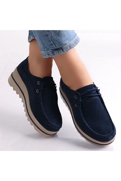 MODA STİL Women's Navy Blue Platform Shoes Made of Calvi Genuine Suede Leather, 36