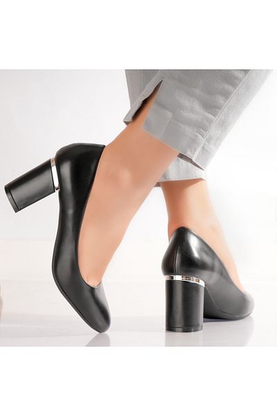 MODA STİL Women's Black Mulica Leather Heeled Shoes, 37