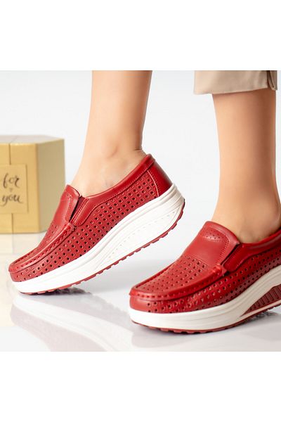 MODA STİL Women's casual shoes red natural leather flowers, 38