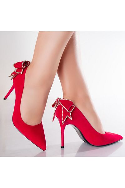 MODA STİL Women's Red Heeled Shoes Made of Valiri Eco-Suede Leather, 38