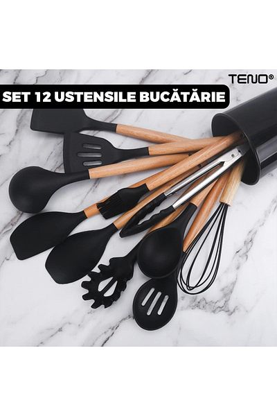 Teno Set Ustensile Bucatarie 12 Piese Silicon Alimentar Teno®, termorezistente, suport inclus, negru