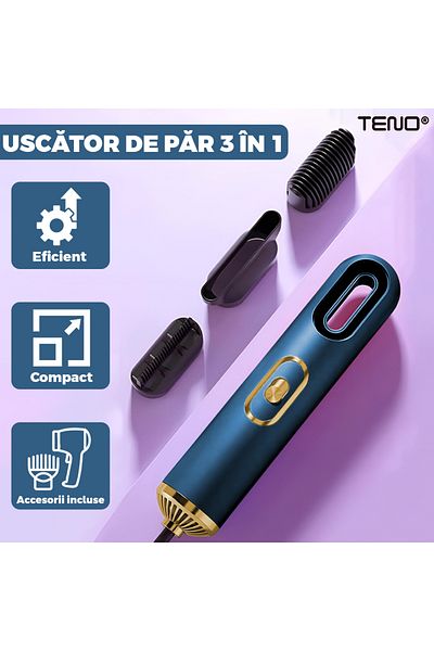 Teno Uscator Profesional de Par 3 in 1 Teno®, 3 accesorii incluse, 1200W, albastru
