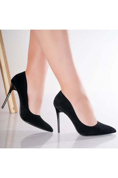 MODA STİL Women's Black Heeled Shoes Made of Asrai Suede Leather, 40