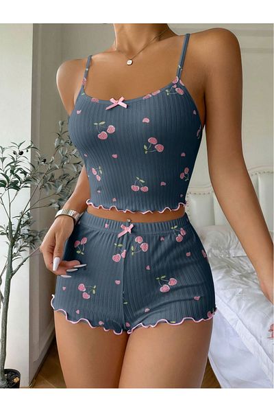 ALORA Women's Strawberry and Heart Patterned Gray Shorts Athlete Set