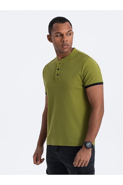 OMBRE Herren Poloshirt ohne Kragen - oliv V6 OM-TSCT-0156 M