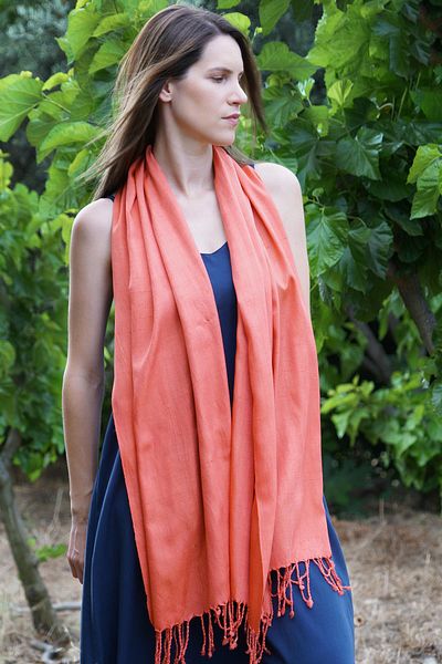 Defne&Apollon İpekçilik Handwoven 100% Silk Handwoven Shawl 65 X 190 cm - Pomegranate Flower