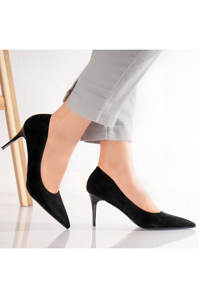 MODA STİL Women's Black Heeled Shoes Made of Velu Eco-Suede Leather, 38