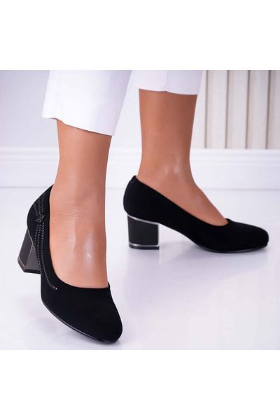 MODA STİL Women's Black Heeled Shoes Made of Eco-Suede Leather and Malvi Rhinestones, 36