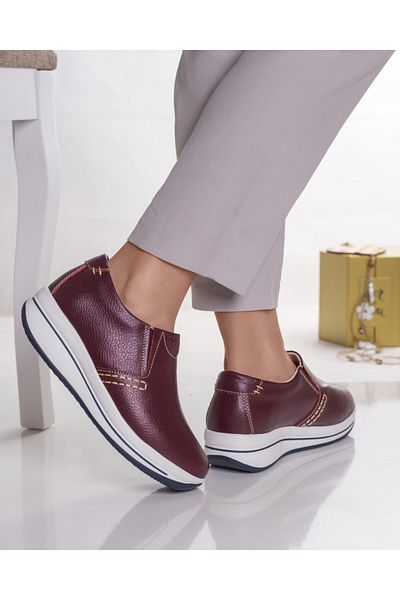 MODA STİL Women's burgundy platform shoes made of natural cord leather, 38