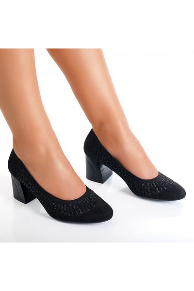 MODA STİL Women's Black Heeled Shoes Made of Digna Eco-Suede Leather, 39