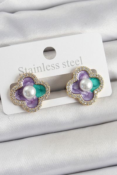 STİLLOVE Brass Purple Enamel Pearl Detailed Zircon Stone Artistic Portrait Clover Model Gold Color Women's Earrings Sl12222