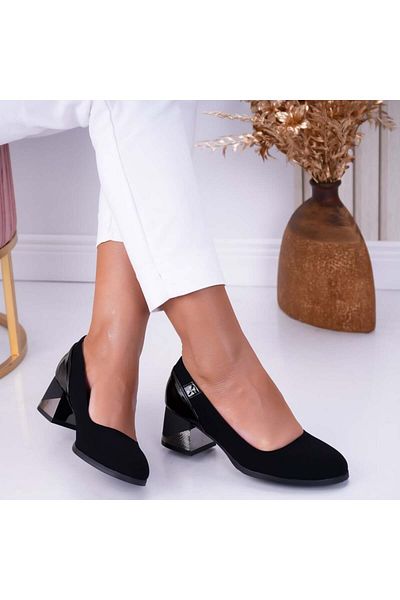 MODA STİL Women's Black Heeled Shoes Made of Suede and Patent Leather Lela, 38