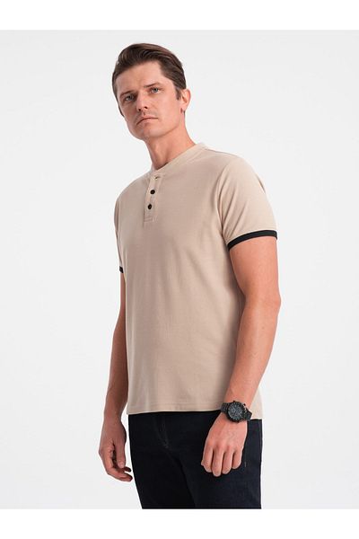 OMBRE Kragenloses Herren-Poloshirt – Beige V5 OM-TSCT-0156 L