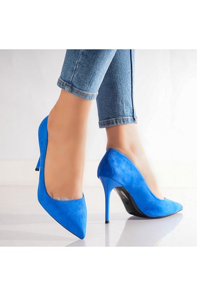 MODA STİL Women's Blue Heeled Shoes Made of Anopi Eco-Suede Leather, 38