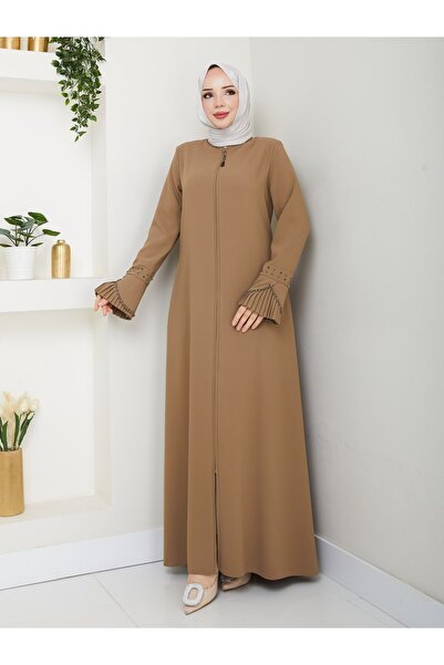 MUDUTEKSTİL Kolu Pliseli Inci Çakımlı Ferace Bej