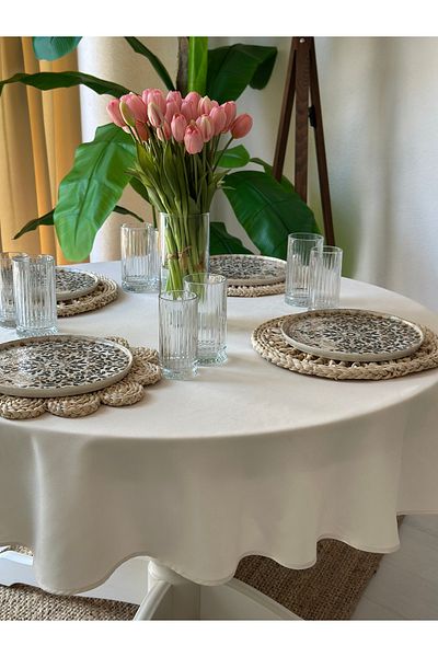 Decamor home Velvet Textured Worry-Free Stain-Proof Ecru Round Table Cloth