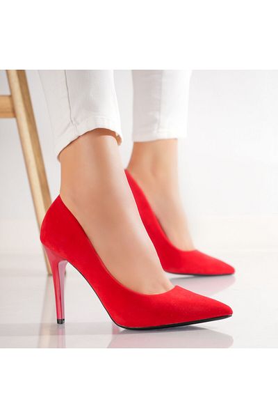 MODA STİL Women's Red Heeled Shoes Made of Eco-Suede Leather Naya, 37